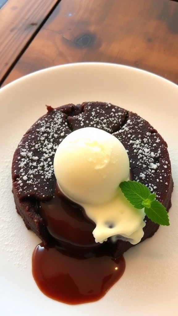 Chocolate lava cake with molten center and vanilla ice cream on a plate, garnished with mint.